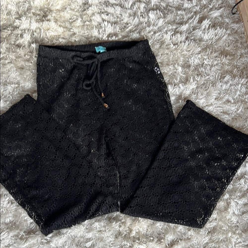 Kahalai Black lace, swim, cover-up pants wide leg women’s medium NEW